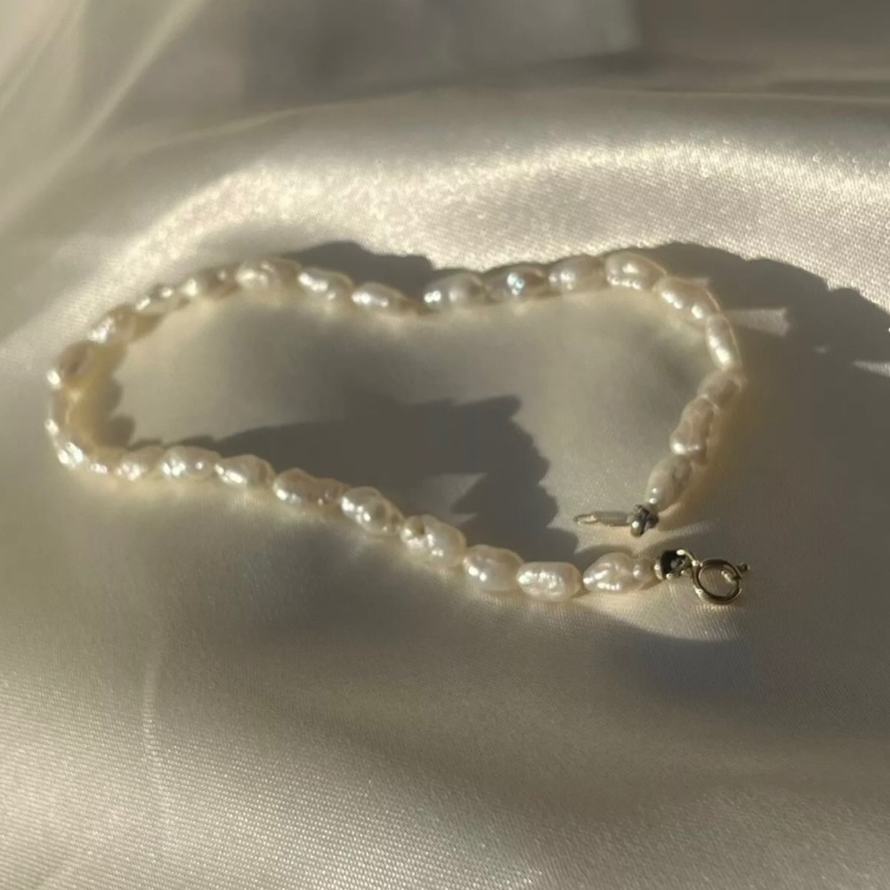 Vintage 14K Gold Freshwater Rice Baroque White Pearl Bracelet 2.7g